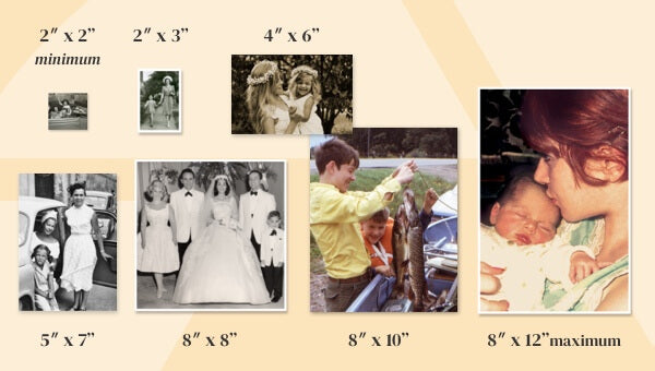 2" x 2" minimum, 2" x 3", 4" x 6", 5" x 7" 8" x 8", 8" x 10", 8" x 12" maximum