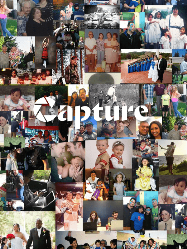 Collage of various personal photos featuring families, individuals, and pets with the 'Capture' logo in the center.