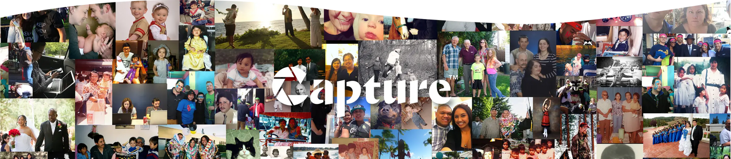 Collage of various personal photos featuring families, individuals, and pets with the 'Capture' logo in the center