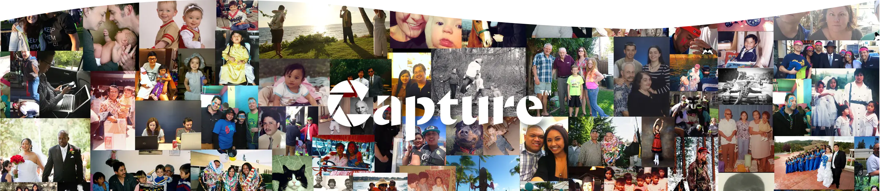 Collage of various personal photos featuring families, individuals, and pets with the 'Capture' logo in the center