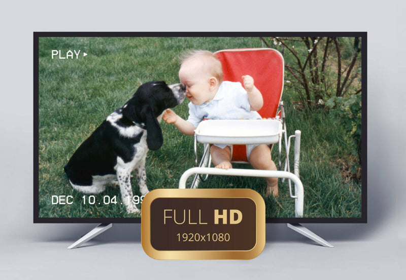 TV screen displaying a baby and dog interaction with a 'FULL HD' label in front.