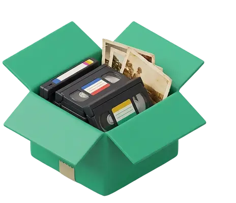 Mail-in digitization box with VHS tapes and photos ready to ship