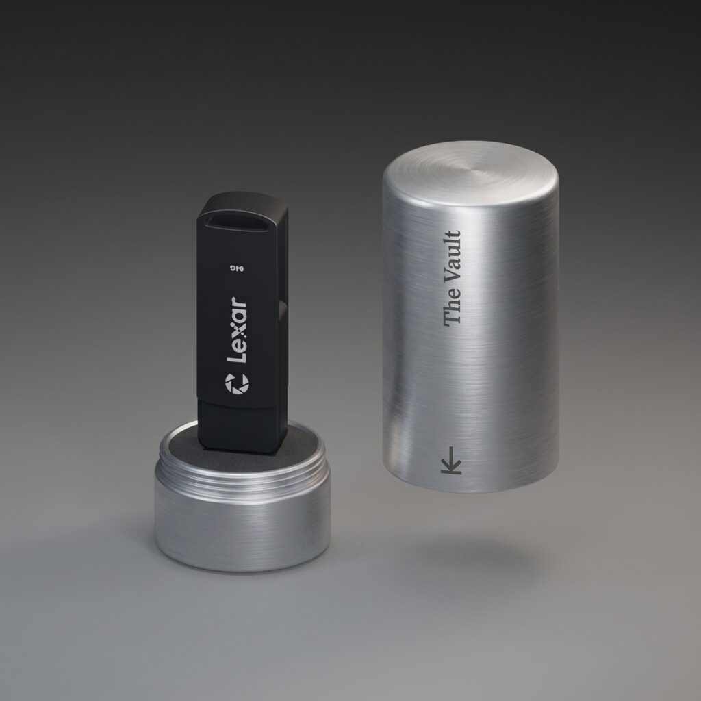 The Vault in Silver: a brushed aluminum case with its screw-off cover beside it and a USB drive standing in the foam cradle