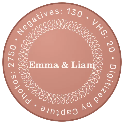 Rose Gold Vault lid laser-engraved in the Elegant style with the names Emma & Liam inside a leaf ring and the item counts around the edge